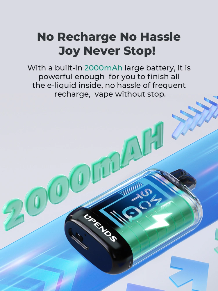 SWITCH Q Disposable Vape Features 1: No Recharge No Hassle - Joy Never Stop!  With a built-in 2000mAh large battery, it is powerful enough for you to finish all the e-liquid inside. No hassle of frequent recharge, vape without stopping