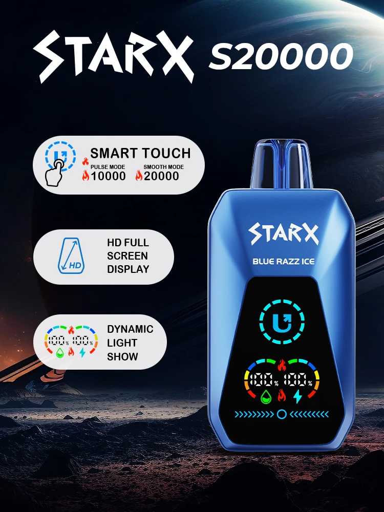 STARX Vape features 1: SMART TOUCH 3 Taps: Select Vaping Mode PULSE MODE - 10000 Puffs SMOOTH MODE - 20000 Puffs Dynamic Light Show HD Full Screen Display