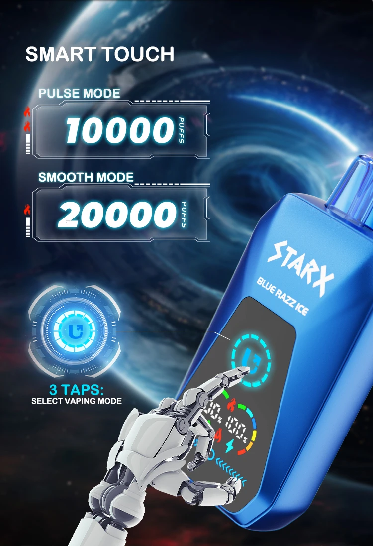 STARX Vape feature: SMART TOUCH 3 Taps: Select Vaping Mode PULSE MODE - 10000 Puffs SMOOTH MODE - 20000 Puffs