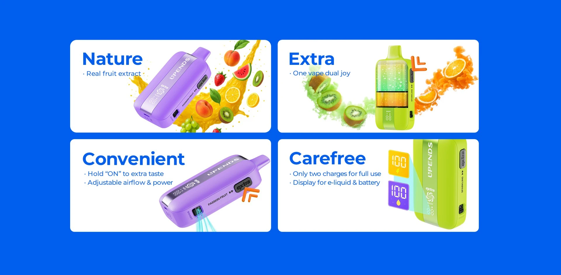 UP7 features banner 1: 35000 Puffs Disposable Vape, Extra Taste - One vape dual joy, Natural Extracts - Real fruit extract, Display Screen, Adjustable Airflow and Power