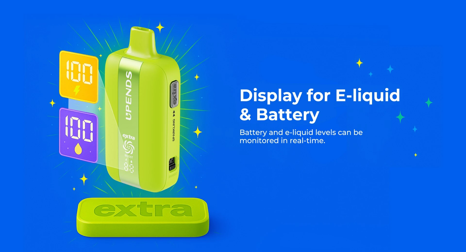 Display for E-liquid & Battery - Battery and e-liquid levels can be monitored in real-time