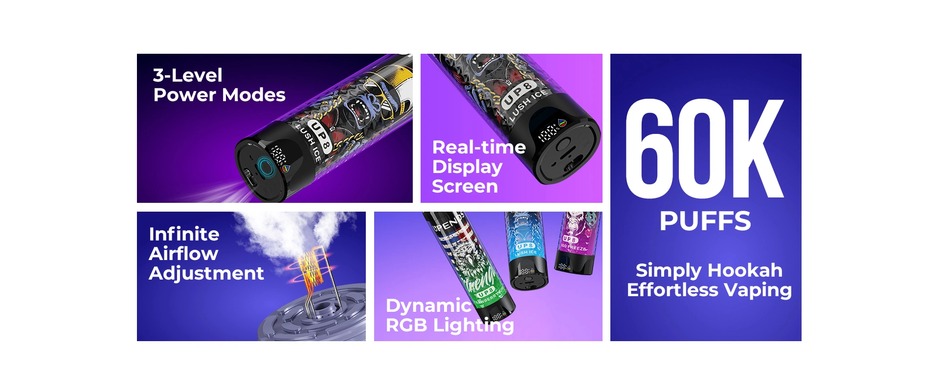 60000 PUFFS - Simply Hookah, Effortless Vaping - 3-Level Power Modes, Infinite Airflow Adjustment, Real-time Display Screen, Dynamic RGB Lighting