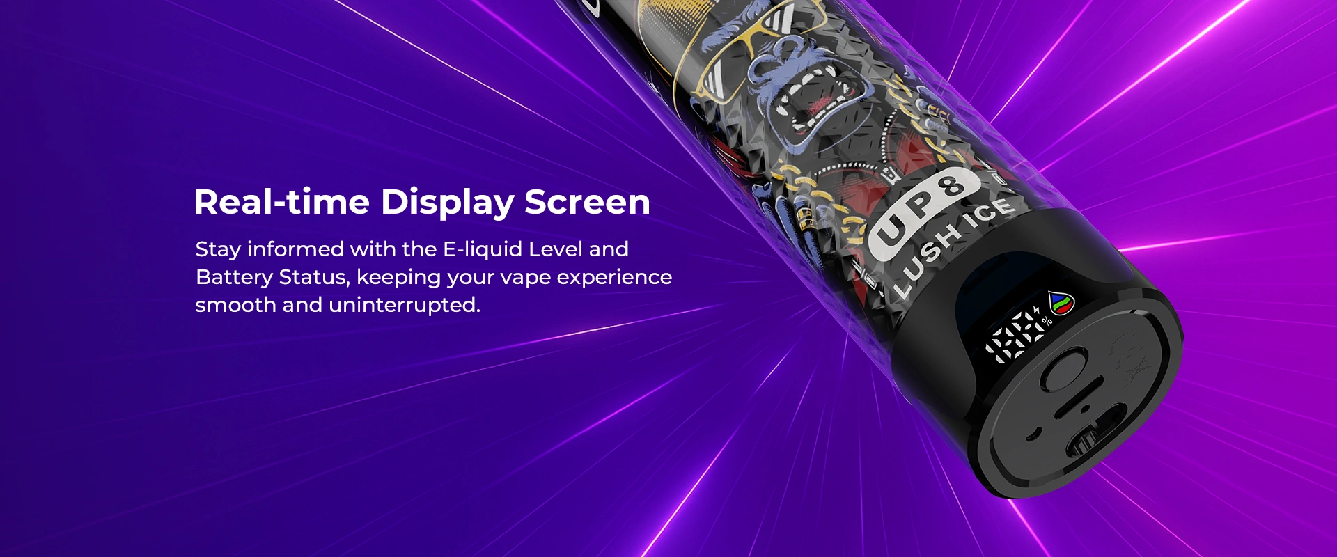 Real-time Display Screen, Stay informed with the E-liquid Level and Battery Status, keeping your vape experience smooth and uninterrupted