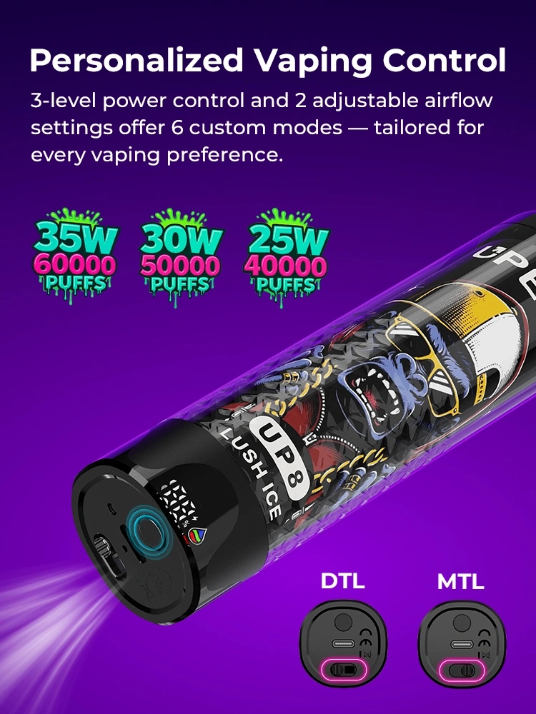 Personalized Vaping Control, 3-level power control and 2 adjustable airflow settings offer 6 custom modes, tailored for every vaping preference 35W - 60000 PUFFS, 30W - 50000 PUFFS, 25W - 40000 PUFFS
