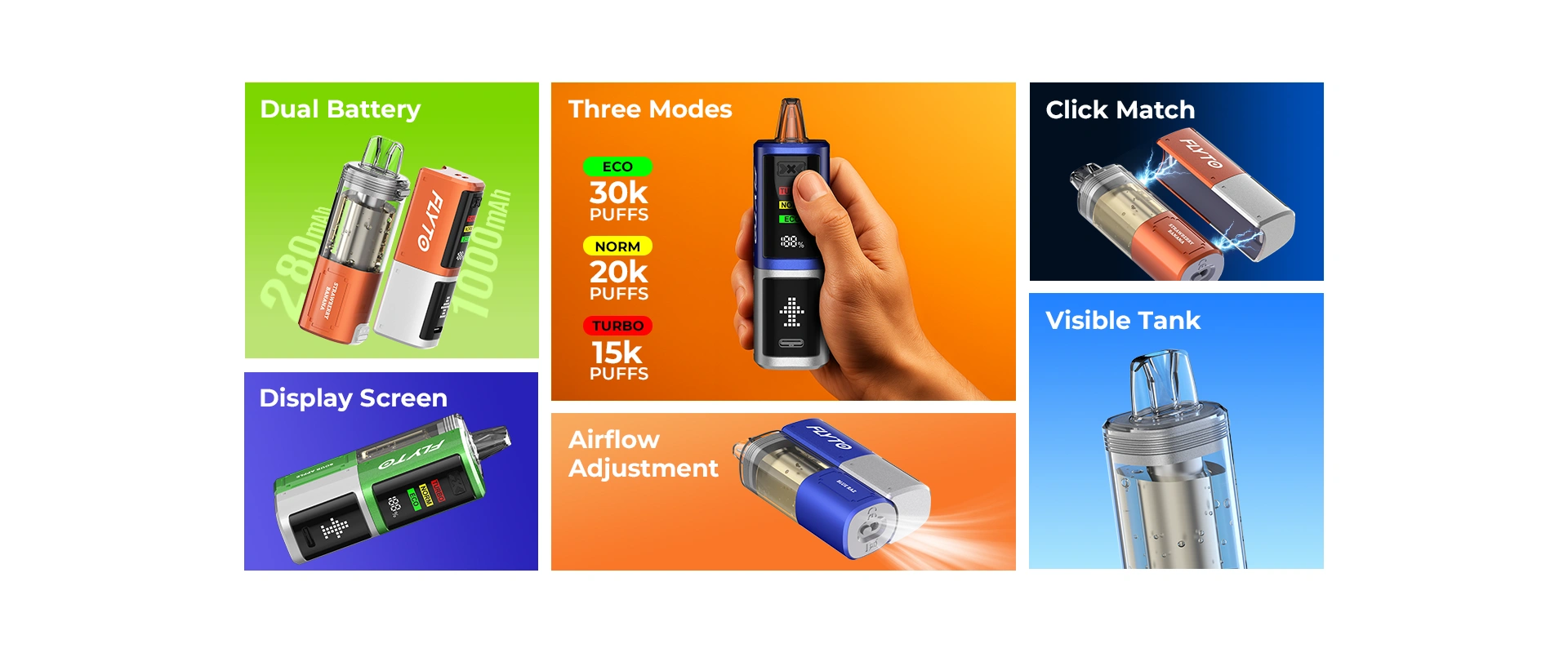 FLYTO 30K Features 2 - Dual Battery; Display Screen; Three Modes; Eco - 30K Puffs, Norm - 20K Puffs, Turbo - 15K Puffs; Airflow Adjustable; Click Match; Visible Tank