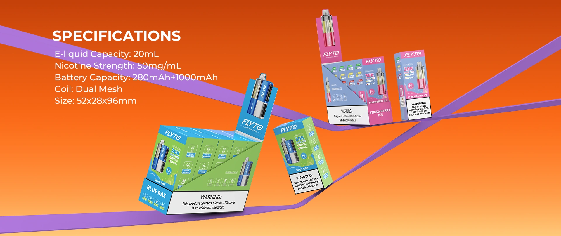 FLYTO 30K Features 5 - Specifications - E-liquid Capacity: 20mL; Nicotine Strength: 50mg/mL; Battery Capacity: 280mAh+1000mAh; Coil: Dual Mesh; Size: 52x28x96mm
