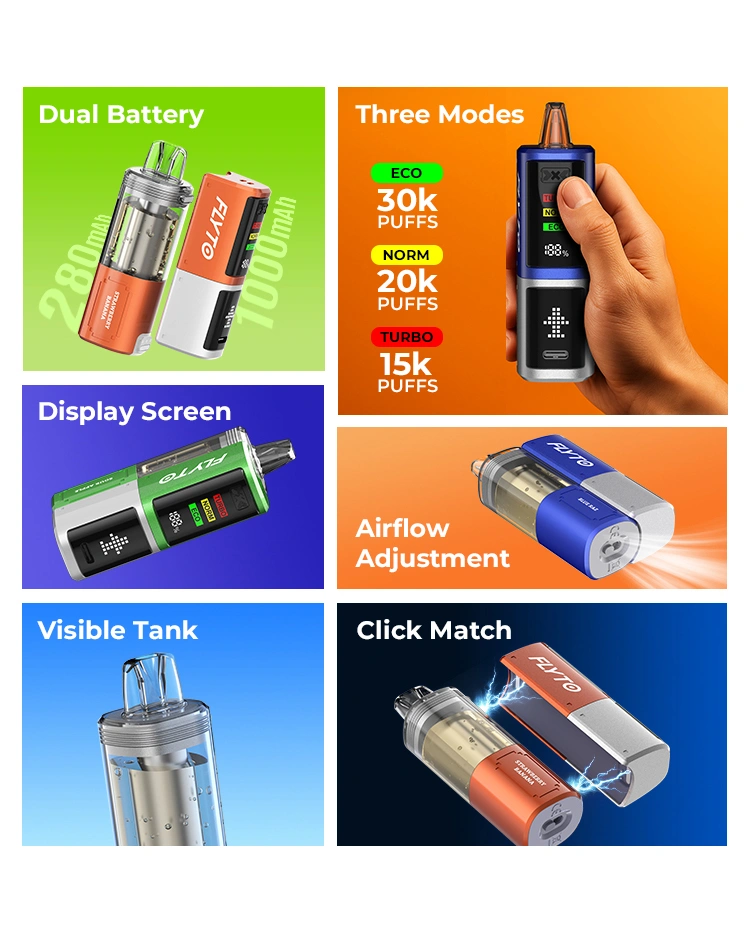 FLYTO 30K Features 2 - Dual Battery; Display Screen; Three Modes; Eco - 30K Puffs, Norm - 20K Puffs, Turbo - 15K Puffs; Airflow Adjustable; Click Match; Visible Tank