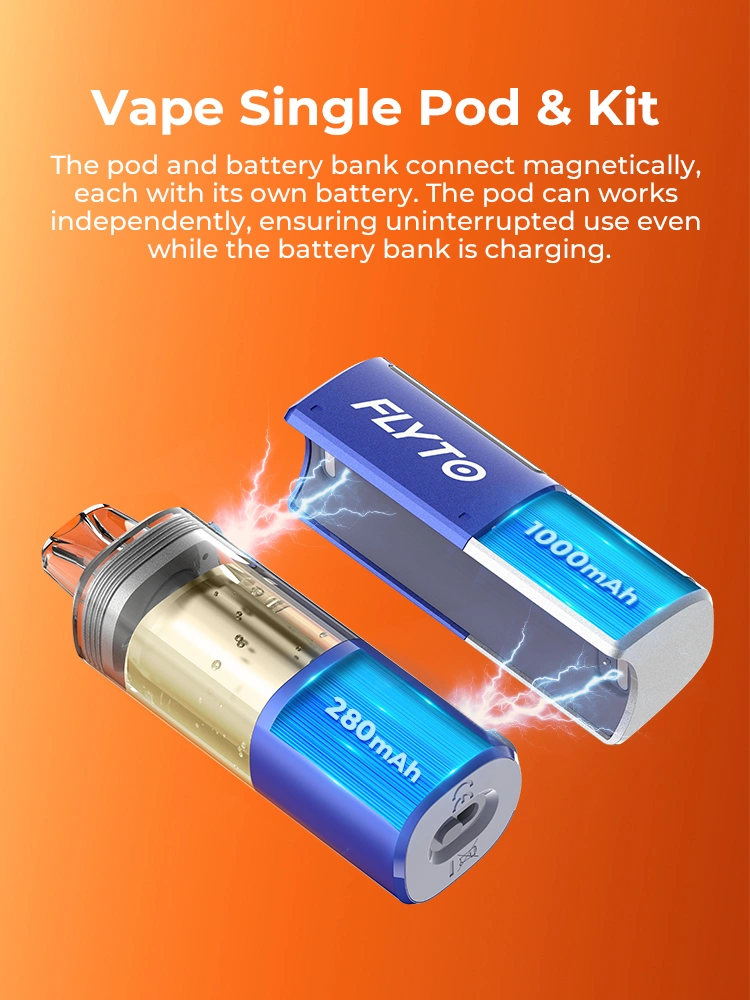 FLYTO 30K Features 3 - Vape Single Pod & Kit, The pod and battery bank connect magnetically, each with its own battery. The pod can work independently, ensuring uninterrupted use even while the battery bank is charging.