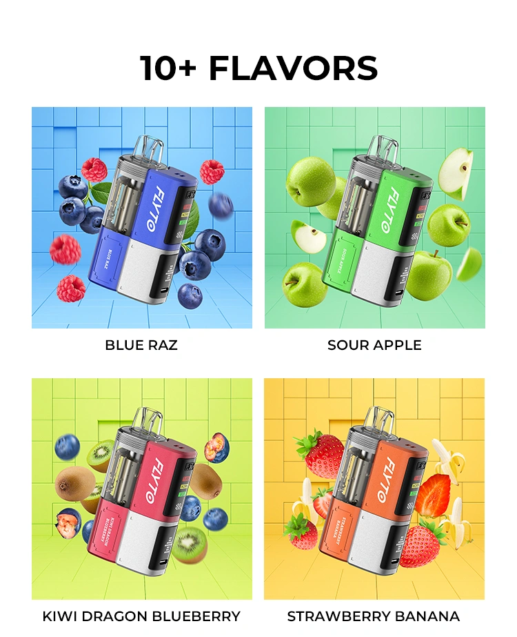 FLYTO 30K Features 4-1 - 10 flavors: BLUE RAZ; SOUR APPLE; KIWI DRAGON BLUEBERRY; STRAWBERRY BANANA; PEACH JUICE; BLUEBERRY WATERMELON; MIAMI MINT; STRAWBERRYICE; MEXICO MANGO; STRAWBERRY CUPCAKE