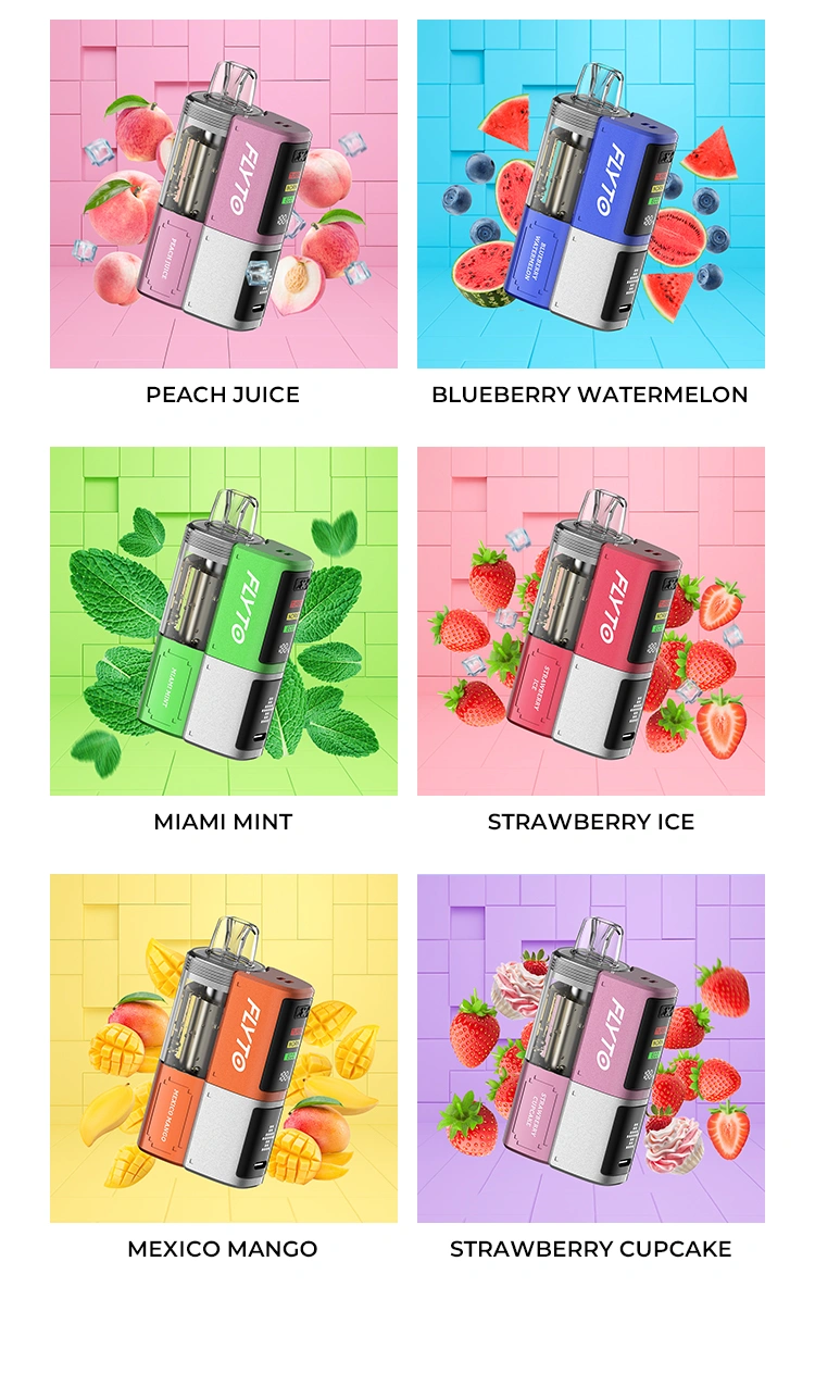 FLYTO 30K Features 4-2 - 10 flavors: BLUE RAZ; SOUR APPLE; KIWI DRAGON BLUEBERRY; STRAWBERRY BANANA; PEACH JUICE; BLUEBERRY WATERMELON; MIAMI MINT; STRAWBERRYICE; MEXICO MANGO; STRAWBERRY CUPCAKE