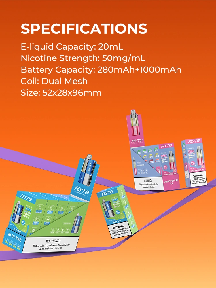 FLYTO 30K Features 5 - Specifications - E-liquid Capacity: 20mL; Nicotine Strength: 50mg/mL; Battery Capacity: 280mAh+1000mAh; Coil: Dual Mesh; Size: 52x28x96mm