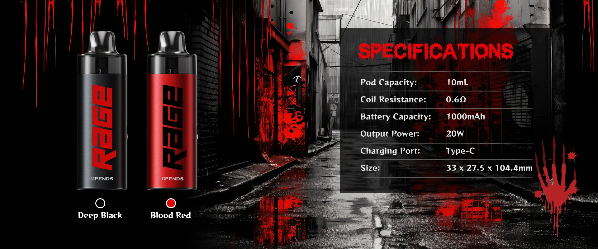 Specs: Pod 10ml, Coil 0.6Ω, batterij 1000mAh, 20W, Type-C, 33x27.5x104.4mm