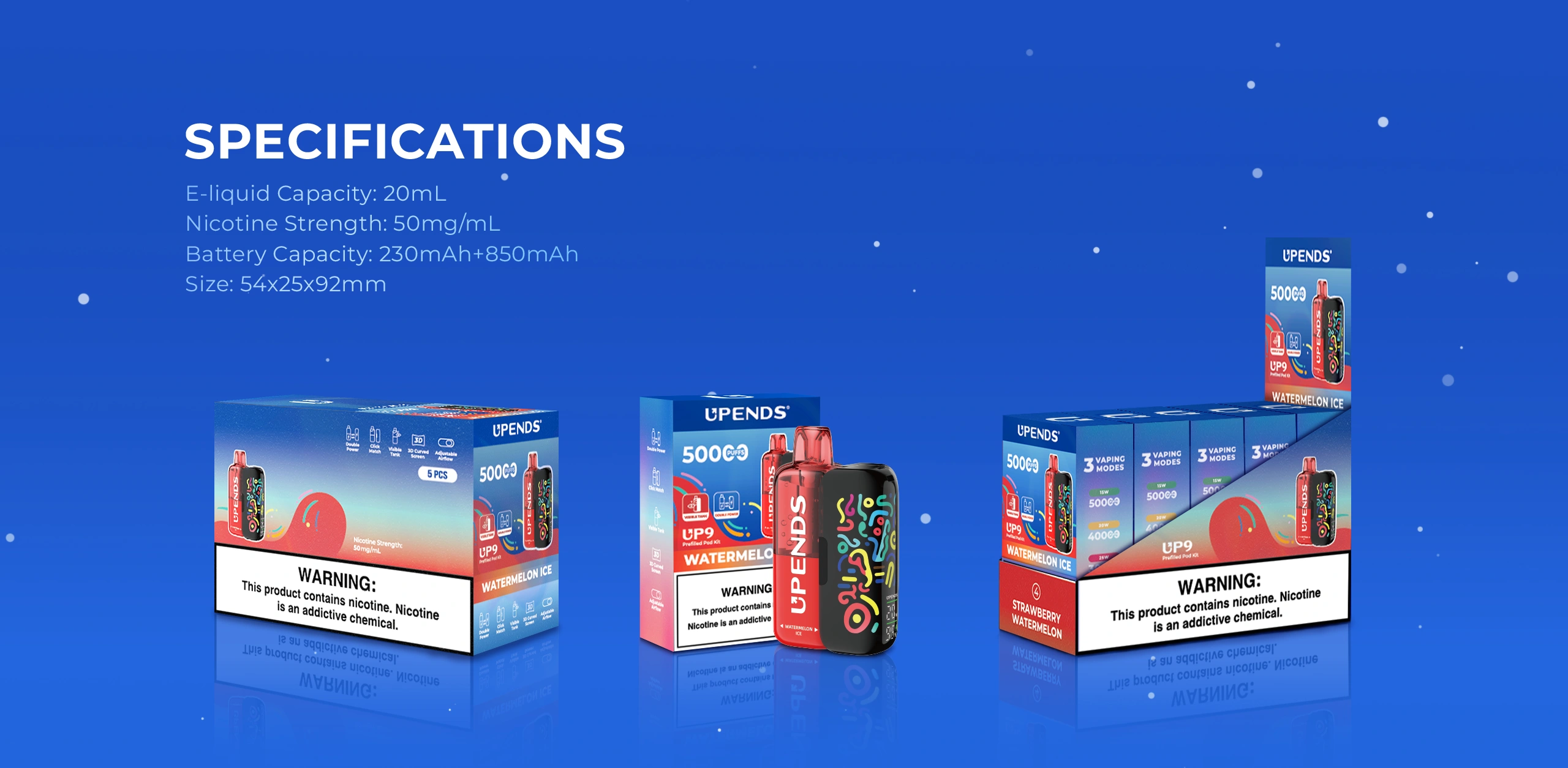 Specs: 20ml e-liquid, 50mg/ml nicotine, 230mAh+850mAh batterij, 54x25x92mm