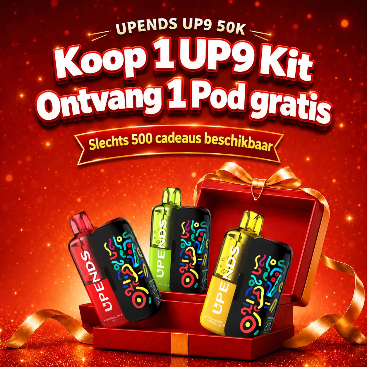UPENDS UP9 50K actie: koop 1 UP9 Kit en ontvang 1 Pod gratis. Slechts 500 cadeaus beschikbaar.